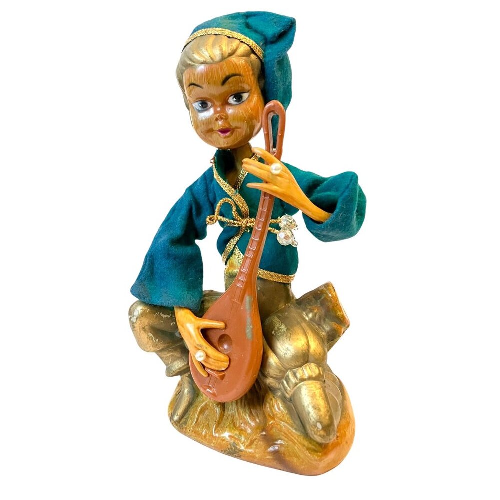 TILSO 1960s Golden Fantasy Mid Century Elf Pixie w/ Mandolin on Log- Hong Kong